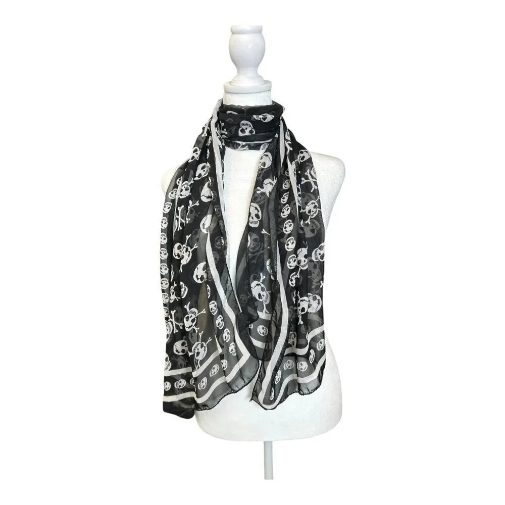 Halloween‎ Spooky Unisex Scarf with Printed Skulls Black & White Grunge Goth